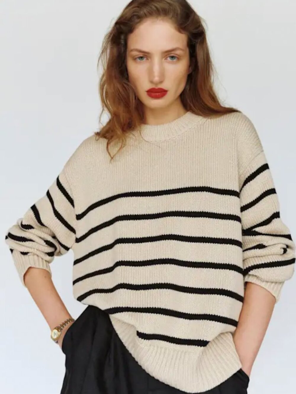 NWT REFORMATION Cove Cotton Oversized Crew, Coyote Stripe, size M